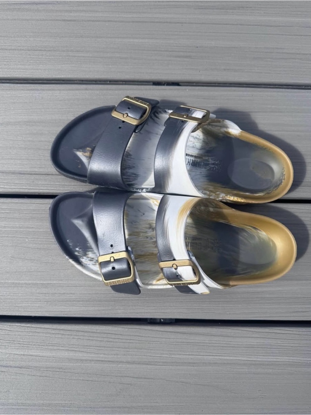 Birkenstock Women’s Two-Buckle Slide Sandals in Gray, Cream & Gold